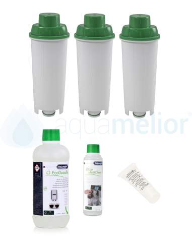 Zestaw DeLonghi CFL-950B FilterLogic filtr 3 szt + odkamieniacz DLSC500 500ml + Eco MultiClean DLSC550 250ml + SER0354 smar 5g