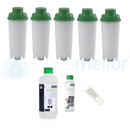Zestaw DeLonghi CFL-950B FilterLogic filtr 5 szt + odkamieniacz DLSC500 500ml + Eco MultiClean DLSC550 250ml + SER0354 smar 5g