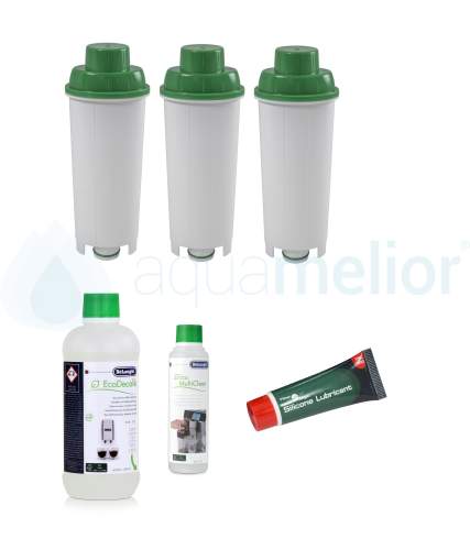 Zestaw DeLonghi CFL-950B FilterLogic filtr 3 szt + CFL-650 smar 10g + odkamieniacz DLSC500 500ml + Eco MultiClean DLSC550 250ml