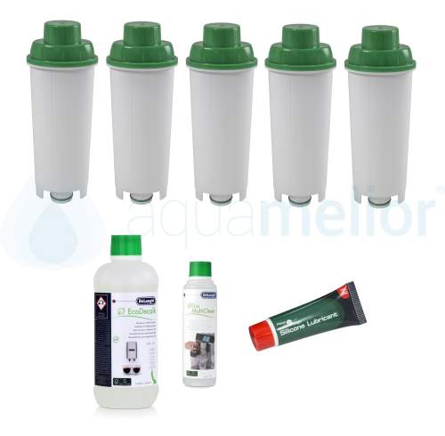 Zestaw DeLonghi CFL-950B FilterLogic filtr 5 szt + CFL-650 smar 10g + odkamieniacz DLSC500 500ml + Eco MultiClean DLSC550 250ml