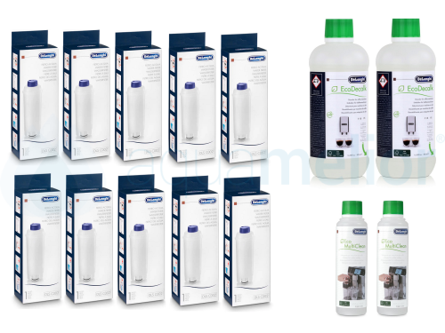 Zestaw DeLonghi DLSC002 filtr 10 szt + odkamieniacz DLSC500 500ml 2 szt + Eco MultiClean DLSC550 250ml 2 szt