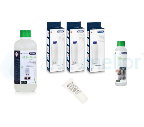 Zestaw DeLonghi DLSC002 filtr 3 szt + odkamieniacz DLSC500 500ml + Eco MultiClean DLSC550 250ml + SER0354 smar 5g