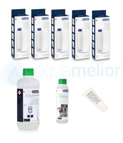 Zestaw DeLonghi DLSC002 filtr 5 szt + odkamieniacz DLSC500 500ml + Eco MultiClean DLSC550 250ml + SER0354 smar 5g