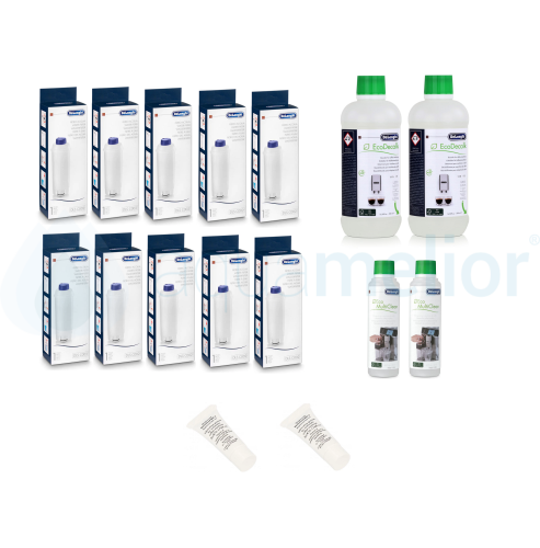 Zestaw DeLonghi DLSC002 filtr 10 szt + odkamieniacz DLSC500 500ml 2 szt + Eco MultiClean DLSC550 250ml 2 szt + SER0354 smar 5g 2 szt