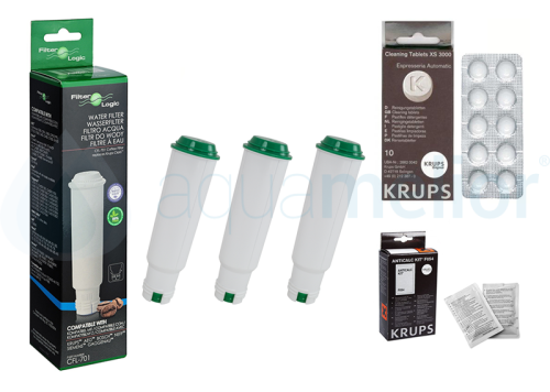 Filter Logic CFL-701 zamiennik Krups F088 3 sztuki + KRUPS XS3000 Tabletki czyszczące do ekspresu ORYGINAŁ 10 sztuk + KRUPS F054 Odkamieniacz do ekspresów ciśnieniowych i czajników 2 saszetki