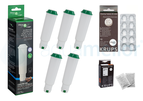 Filter Logic CFL-701 zamiennik Krups F088 5 sztuk + KRUPS XS3000 Tabletki czyszczące do ekspresu ORYGINAŁ 10 sztuk + KRUPS F054 Odkamieniacz do ekspresów ciśnieniowych i czajników 2 saszetki